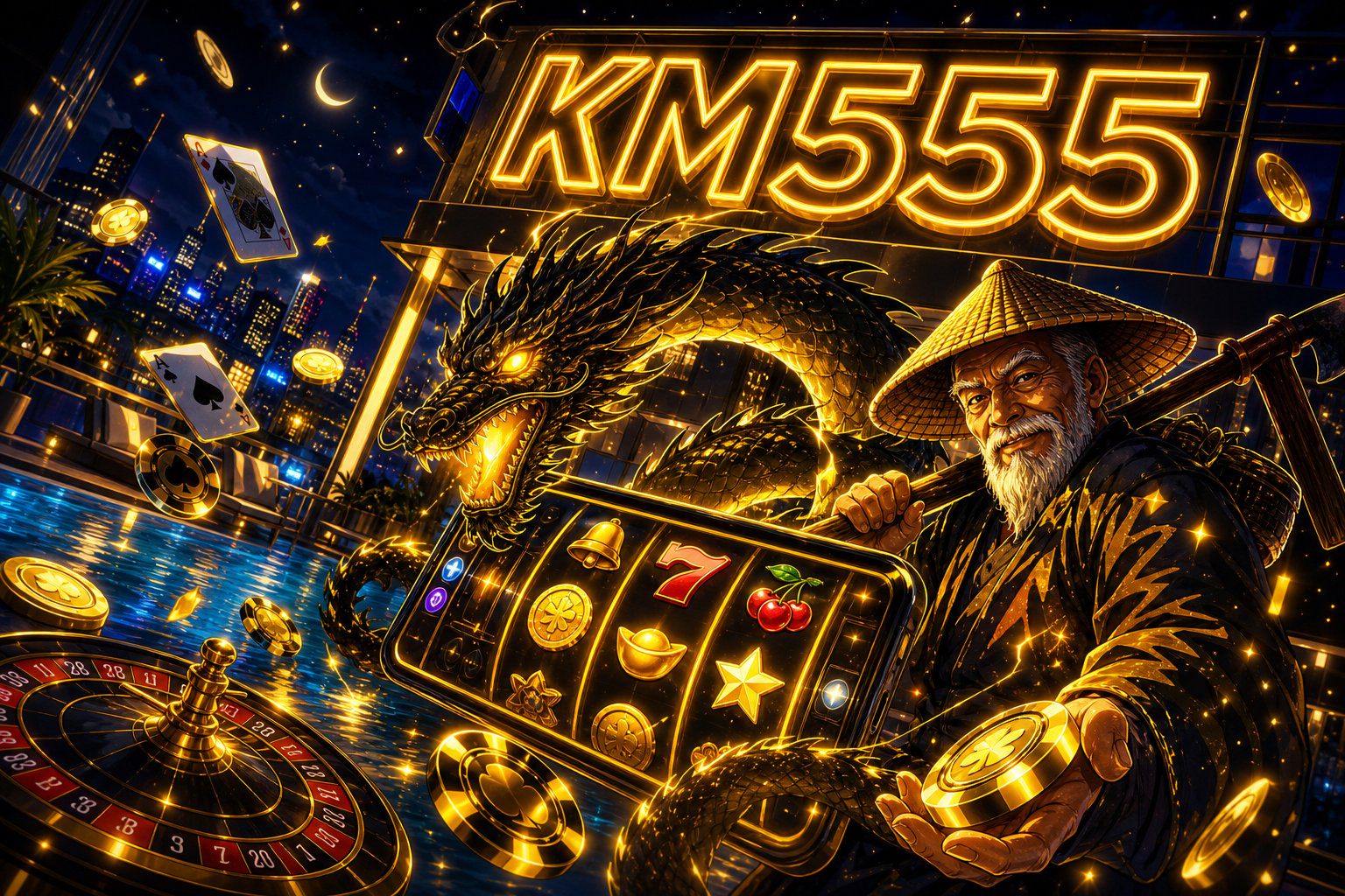 Ilustrasi tampilan beranda KM555 dengan kartu hadiah pendaftaran dan koin gratis
